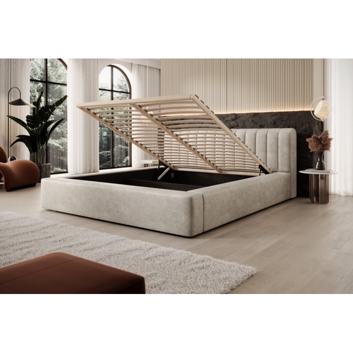 Lit coffre CERVIN – Velours doux Lin naturel – 180x200 cm – Sommier relevable – Design élégant 