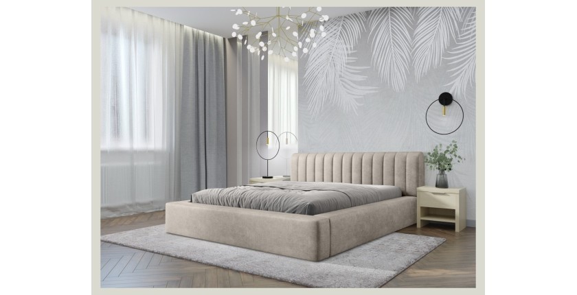 Lit coffre CERVIN – Velours doux Lin naturel – 180x200 cm – Sommier relevable – Design élégant 