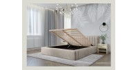 Lit coffre CERVIN – Velours doux Lin naturel – 180x200 cm – Sommier relevable – Design élégant 