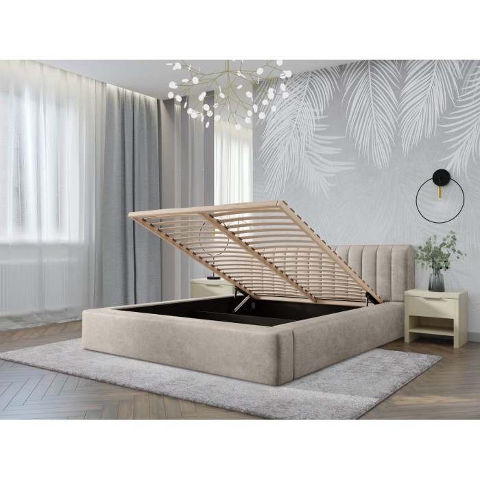 Lit coffre CERVIN – Velours doux Lin naturel – 180x200 cm – Sommier relevable – Design élégant 
