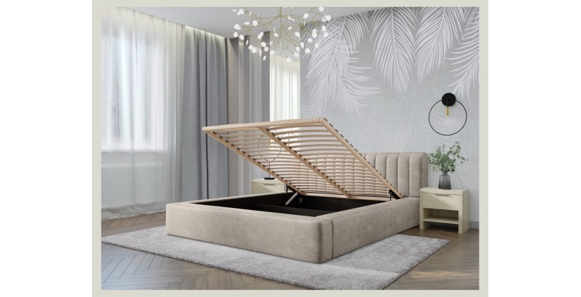 Lit coffre CERVIN – Velours doux Lin naturel – 180x200 cm – Sommier relevable – Design élégant 