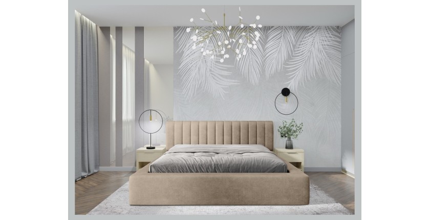 Lit coffre CERVIN – Velours doux Nude Sablé – 140x200 cm – Sommier relevable – Design élégant
