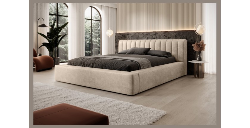 Lit coffre CERVIN – Velours doux Nude Sablé – 140x200 cm – Sommier relevable – Design élégant 