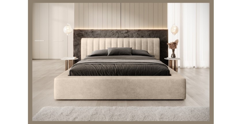 Lit coffre CERVIN – Velours doux Nude Sablé – 140x200 cm – Sommier relevable – Design élégant 