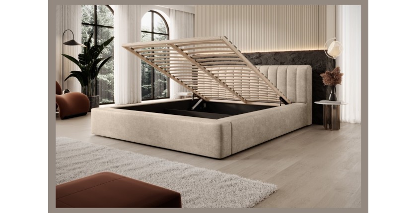 Lit coffre CERVIN – Velours doux Nude Sablé – 140x200 cm – Sommier relevable – Design élégant 