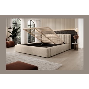 Lit coffre CERVIN – Velours doux Nude Sablé – 140x200 cm – Sommier relevable – Design élégant 