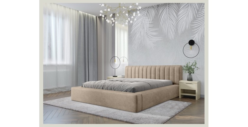 Lit coffre CERVIN – Velours doux Nude Sablé – 140x200 cm – Sommier relevable – Design élégant 