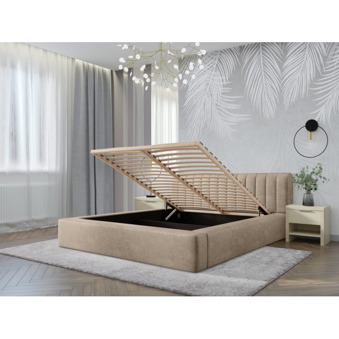 Lit coffre CERVIN – Velours doux Nude Sablé – 140x200 cm – Sommier relevable – Design élégant 