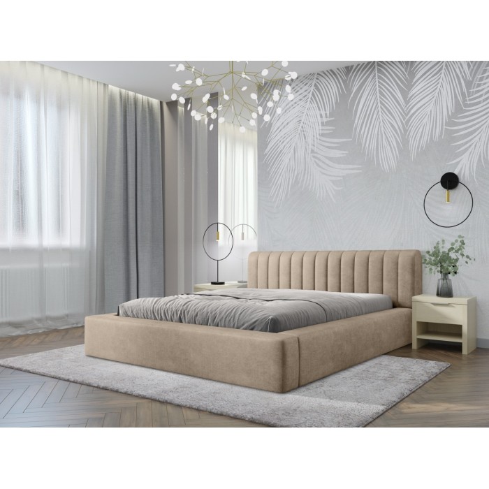 Lit coffre CERVIN – Velours doux Nude Sablé – 160x200 cm – Sommier relevable – Design élégant 