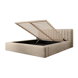 Lit coffre CERVIN – Velours doux Nude Sablé – 180x200 cm – Sommier relevable – Design élégant 