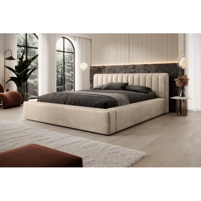 Lit coffre CERVIN – Velours doux Nude Sablé – 180x200 cm – Sommier relevable – Design élégant 