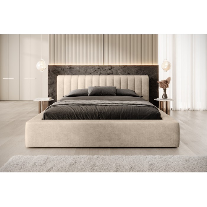 Lit coffre CERVIN – Velours doux Nude Sablé – 180x200 cm – Sommier relevable – Design élégant 