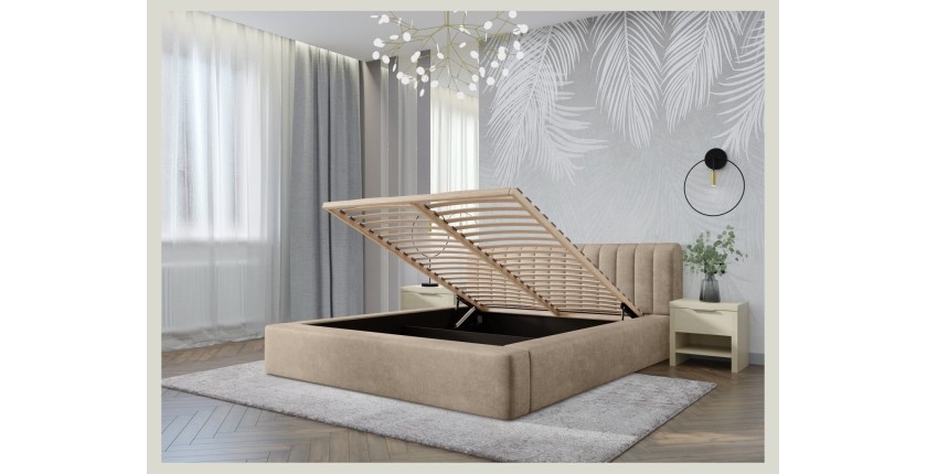 Lit coffre CERVIN – Velours doux Nude Sablé – 180x200 cm – Sommier relevable – Design élégant 