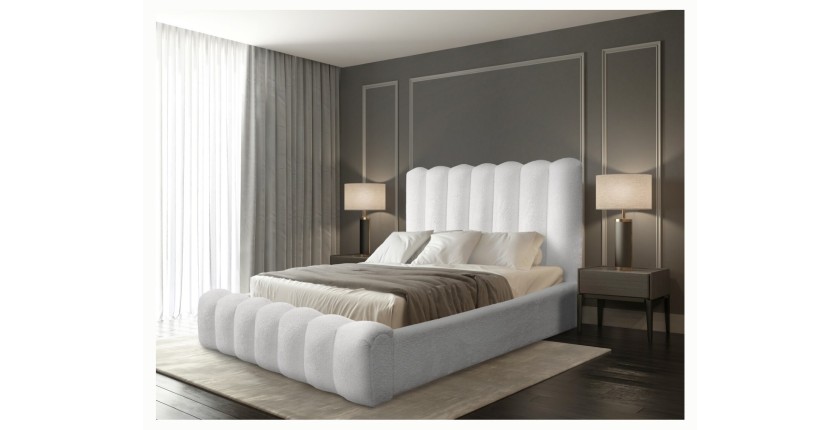 Lit coffre BADJA EUPHORIA – Tissu bouclé Perle de lin – 140x200 cm – Sommier relevable – Design haut de gamme 