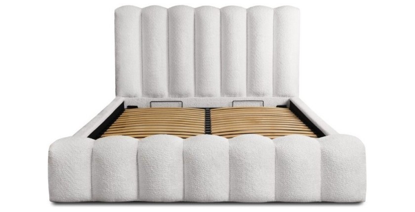 Lit coffre BADJA EUPHORIA – Tissu bouclé Perle de lin – 140x200 cm – Sommier relevable – Design haut de gamme 