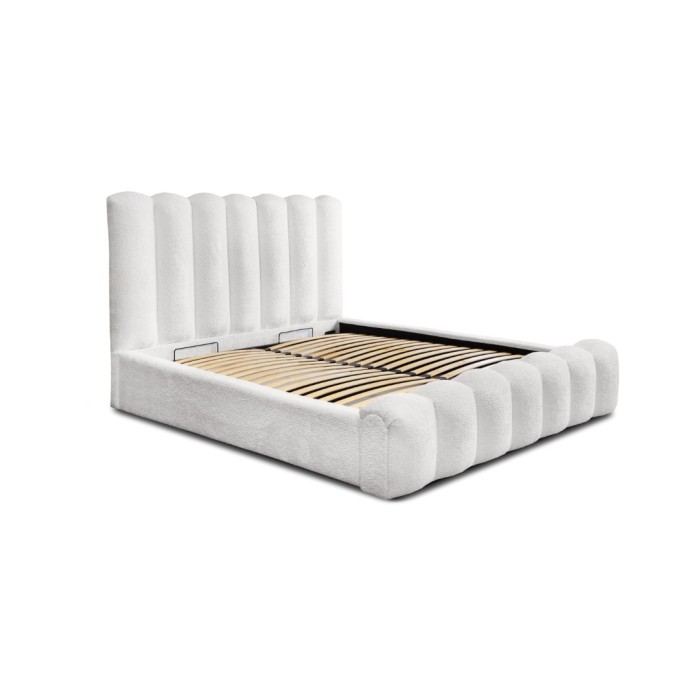 Lit coffre BADJA EUPHORIA – Tissu bouclé Perle de lin – 140x200 cm – Sommier relevable – Design haut de gamme 