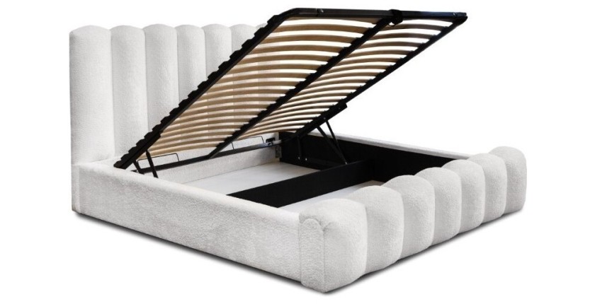 Lit coffre BADJA EUPHORIA – Tissu bouclé Perle de lin – 140x200 cm – Sommier relevable – Design haut de gamme 