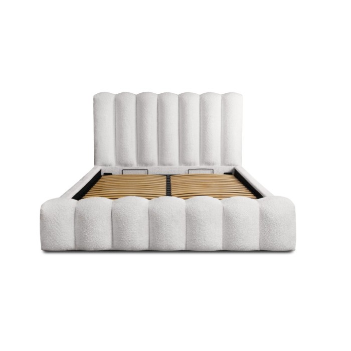 Lit coffre BADJA EUPHORIA – Tissu bouclé Perle de lin – 160x200 cm – Sommier relevable – Design haut de gamme 
