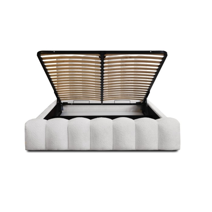 Lit coffre BADJA EUPHORIA – Tissu bouclé Perle de lin – 160x200 cm – Sommier relevable – Design haut de gamme 