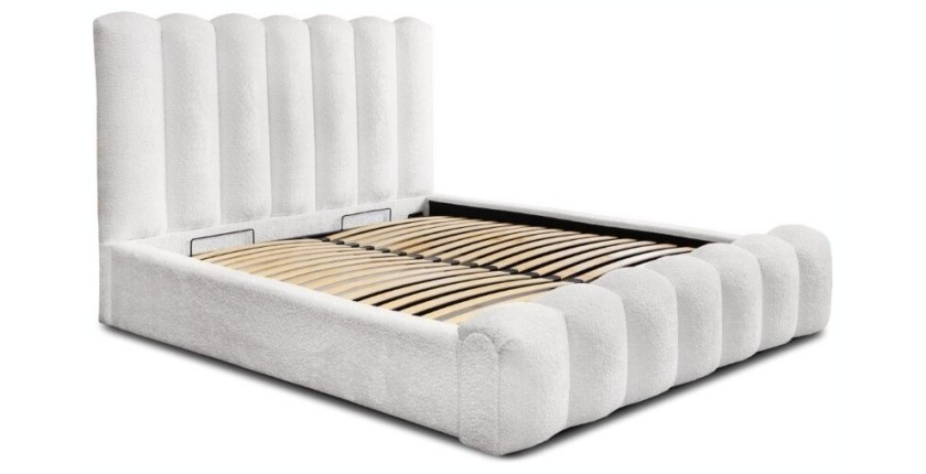Lit coffre BADJA EUPHORIA – Tissu bouclé Perle de lin – 160x200 cm – Sommier relevable – Design haut de gamme 