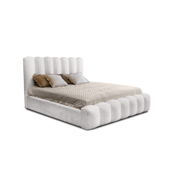 Lit coffre BADJA EUPHORIA – Tissu bouclé Perle de lin – 160x200 cm – Sommier relevable – Design haut de gamme 