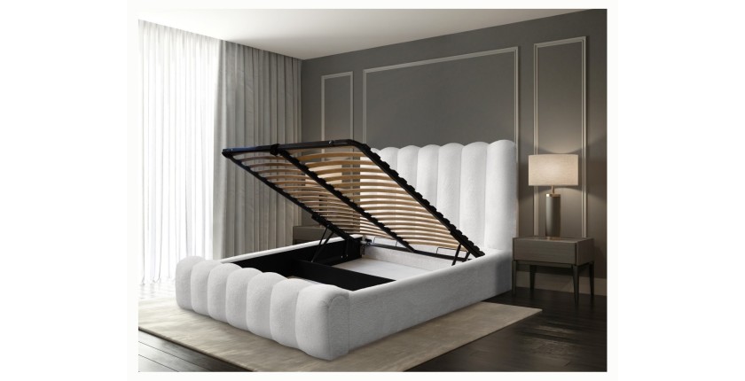 Lit coffre BADJA EUPHORIA – Tissu bouclé Perle de lin – 160x200 cm – Sommier relevable – Design haut de gamme 