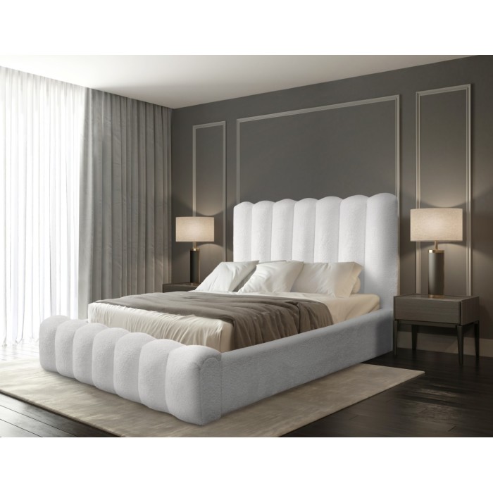 Lit coffre BADJA EUPHORIA – Tissu bouclé Perle de lin – 180x200 cm – Sommier relevable – Design haut de gamme 
