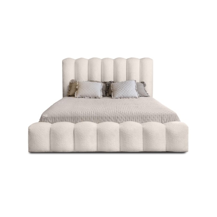 Lit coffre BADJA EUPHORIA – Tissu bouclé Ivoire rosé – 140x200 cm – Sommier relevable – Design haut de gamme 