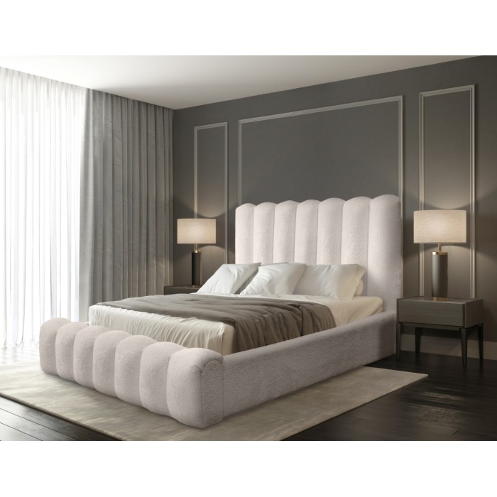 Lit coffre BADJA EUPHORIA – Tissu bouclé Ivoire rosé – 160x200 cm – Sommier relevable – Design haut de gamme