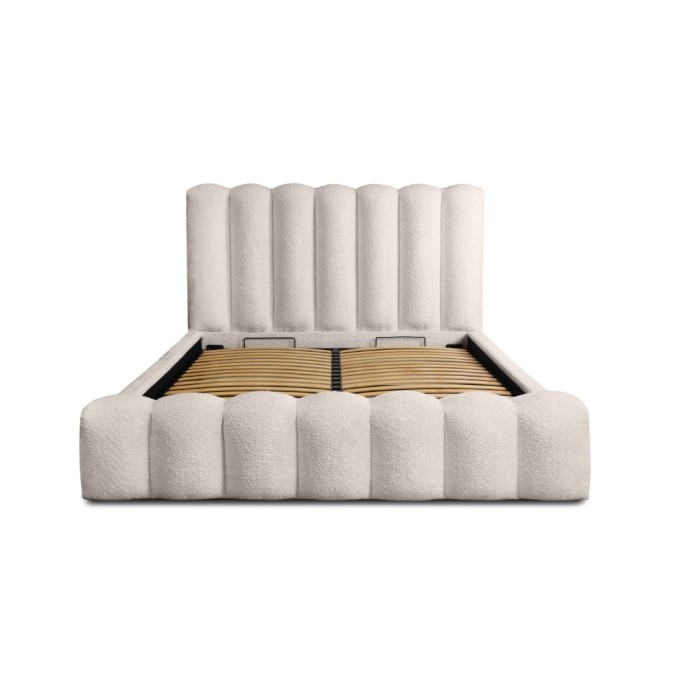 Lit coffre BADJA EUPHORIA – Tissu bouclé Ivoire rosé – 160x200 cm – Sommier relevable – Design haut de gamme 