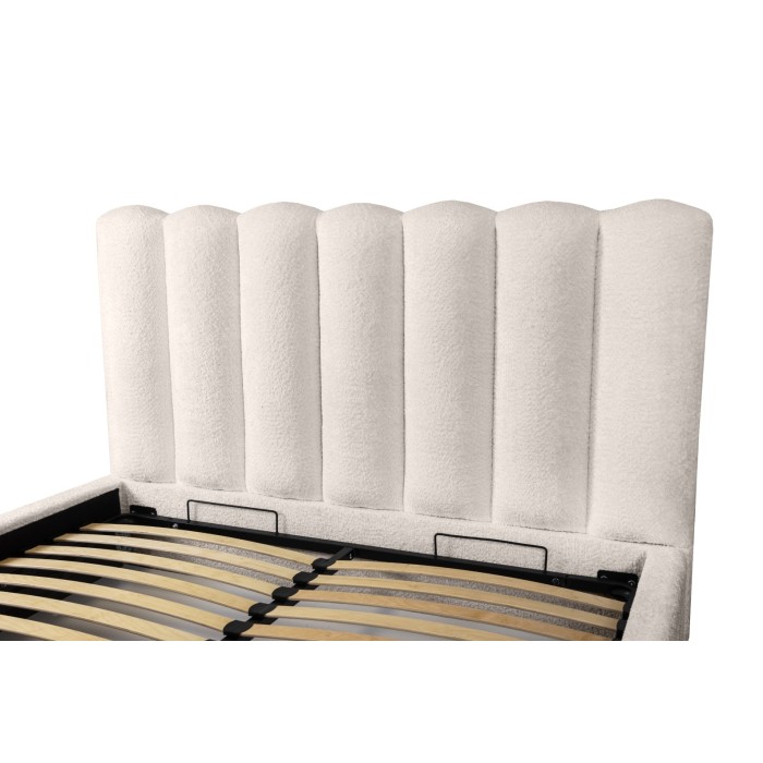 Lit coffre BADJA EUPHORIA – Tissu bouclé Ivoire rosé – 160x200 cm – Sommier relevable – Design haut de gamme 