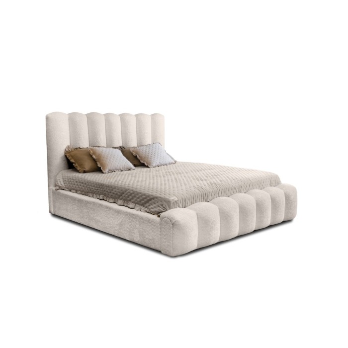 Lit coffre BADJA EUPHORIA – Tissu bouclé Ivoire rosé – 160x200 cm – Sommier relevable – Design haut de gamme 