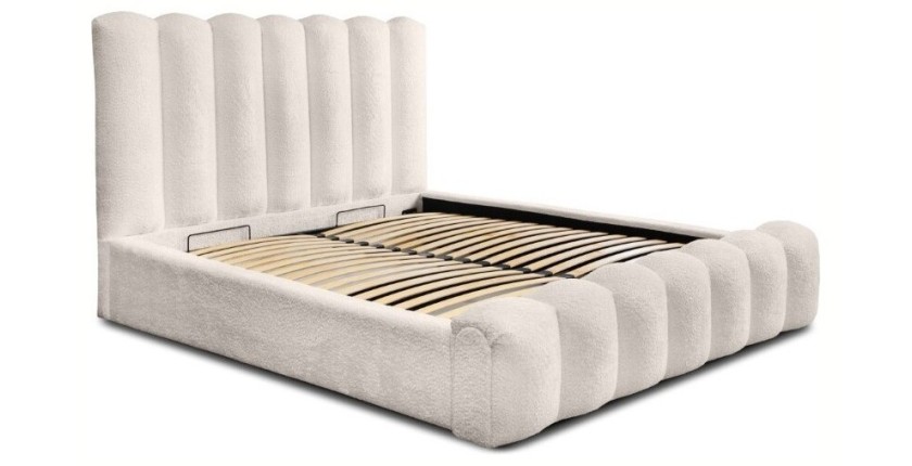 Lit coffre BADJA EUPHORIA – Tissu bouclé Ivoire rosé – 180x200 cm – Sommier relevable – Design haut de gamme 
