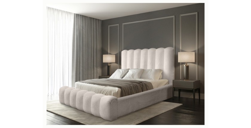 Lit coffre BADJA EUPHORIA – Tissu bouclé Ivoire rosé – 180x200 cm – Sommier relevable – Design haut de gamme