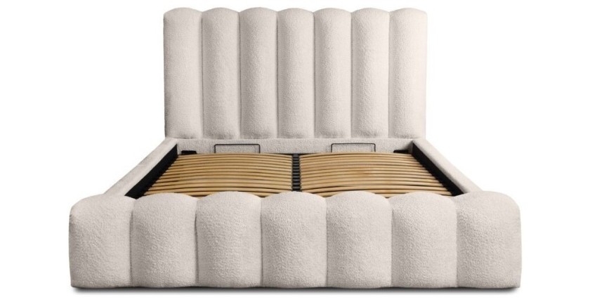 Lit coffre BADJA EUPHORIA – Tissu bouclé Ivoire rosé – 180x200 cm – Sommier relevable – Design haut de gamme 