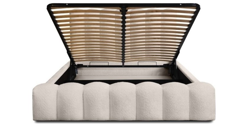 Lit coffre BADJA EUPHORIA – Tissu bouclé Ivoire rosé – 180x200 cm – Sommier relevable – Design haut de gamme 