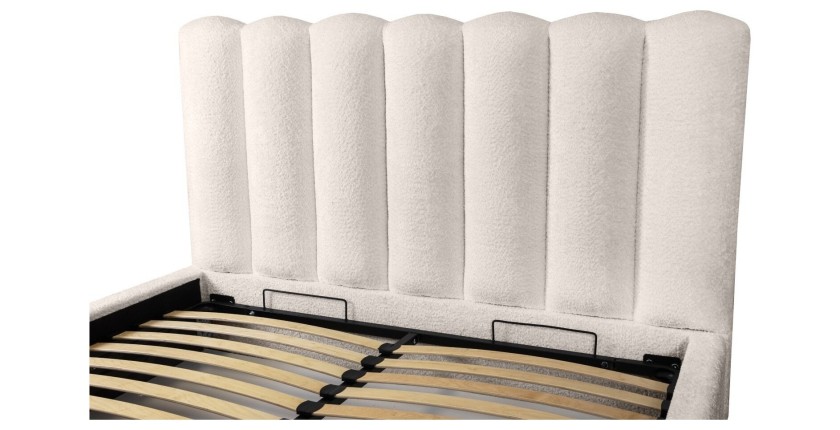 Lit coffre BADJA EUPHORIA – Tissu bouclé Ivoire rosé – 180x200 cm – Sommier relevable – Design haut de gamme 