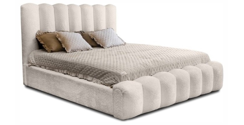 Lit coffre BADJA EUPHORIA – Tissu bouclé Ivoire rosé – 180x200 cm – Sommier relevable – Design haut de gamme 
