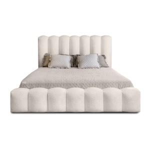 Lit coffre BADJA EUPHORIA – Tissu bouclé Ivoire rosé – 180x200 cm – Sommier relevable – Design haut de gamme 