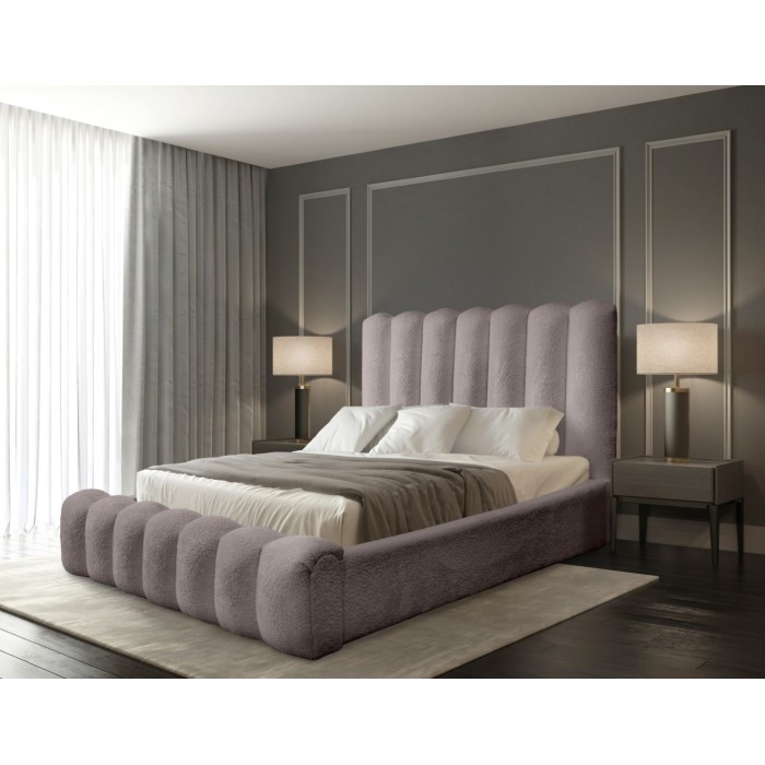 Lit coffre BADJA EUPHORIA – Tissu bouclé Taupe cendré – 140x200 cm – Sommier relevable – Design haut de gamme