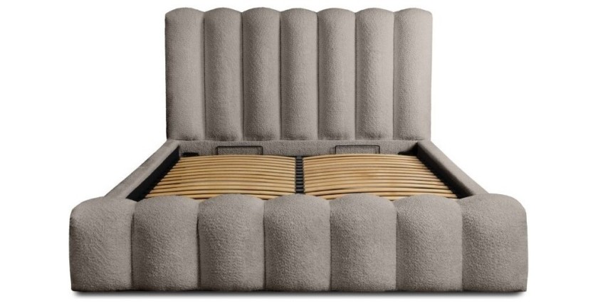 Lit coffre BADJA EUPHORIA – Tissu bouclé Taupe cendré – 140x200 cm – Sommier relevable – Design haut de gamme 