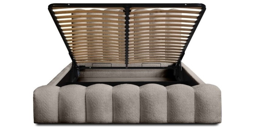 Lit coffre BADJA EUPHORIA – Tissu bouclé Taupe cendré – 140x200 cm – Sommier relevable – Design haut de gamme 