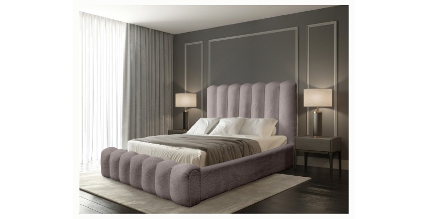 Lit coffre BADJA EUPHORIA – Tissu bouclé Taupe cendré – 160x200 cm – Sommier relevable – Design haut de gamme