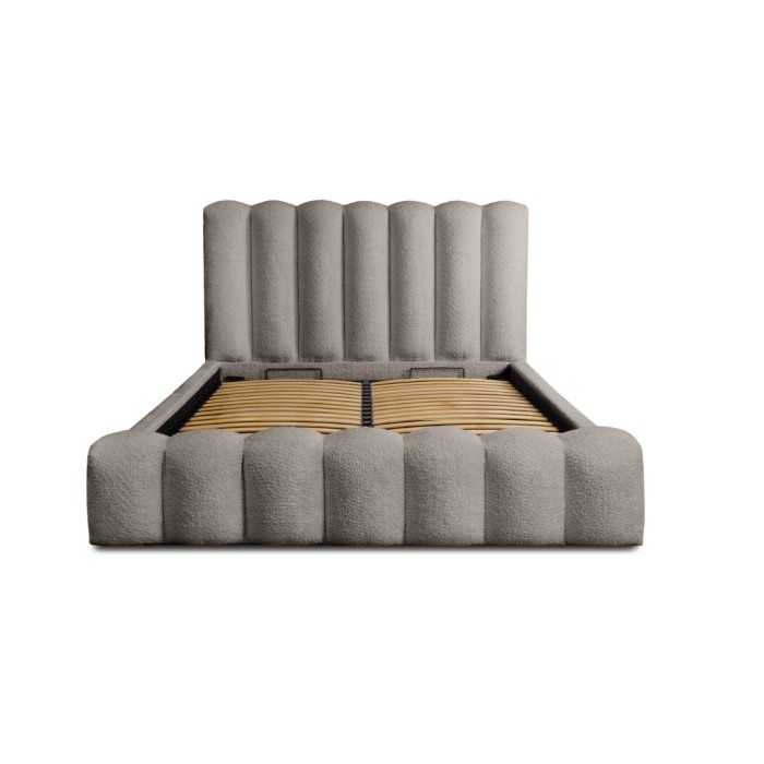 Lit coffre BADJA EUPHORIA – Tissu bouclé Taupe cendré – 160x200 cm – Sommier relevable – Design haut de gamme 