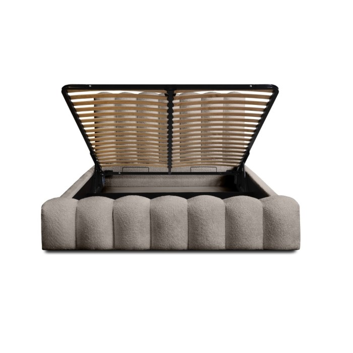 Lit coffre BADJA EUPHORIA – Tissu bouclé Taupe cendré – 160x200 cm – Sommier relevable – Design haut de gamme 
