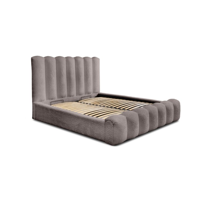 Lit coffre BADJA EUPHORIA – Tissu bouclé Taupe cendré – 160x200 cm – Sommier relevable – Design haut de gamme 