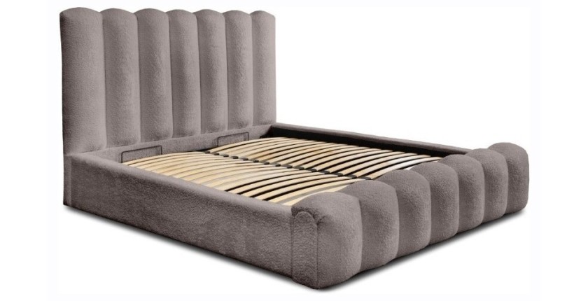 Lit coffre BADJA EUPHORIA – Tissu bouclé Taupe cendré – 160x200 cm – Sommier relevable – Design haut de gamme 