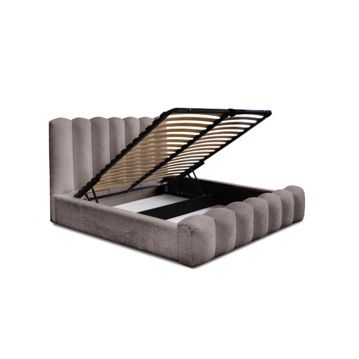 Lit coffre BADJA EUPHORIA – Tissu bouclé Taupe cendré – 160x200 cm – Sommier relevable – Design haut de gamme 