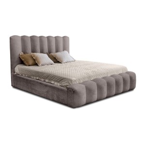 Lit coffre BADJA EUPHORIA – Tissu bouclé Taupe cendré – 180x200 cm – Sommier relevable – Design haut de gamme 