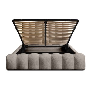 Lit coffre BADJA EUPHORIA – Tissu bouclé Taupe cendré – 180x200 cm – Sommier relevable – Design haut de gamme 